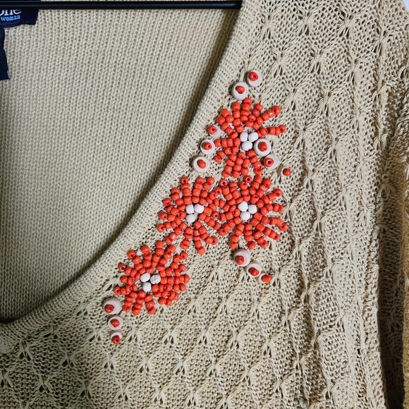 Boho Beaded Short Sleeve Sweater Top V-Neck Women's 2X Plus Tan Orange - Picture 2 of 8